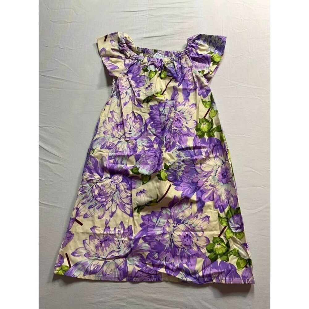 Blue Juniper Floral Flutter Sleeve A-Line Dress Cream Purple 5